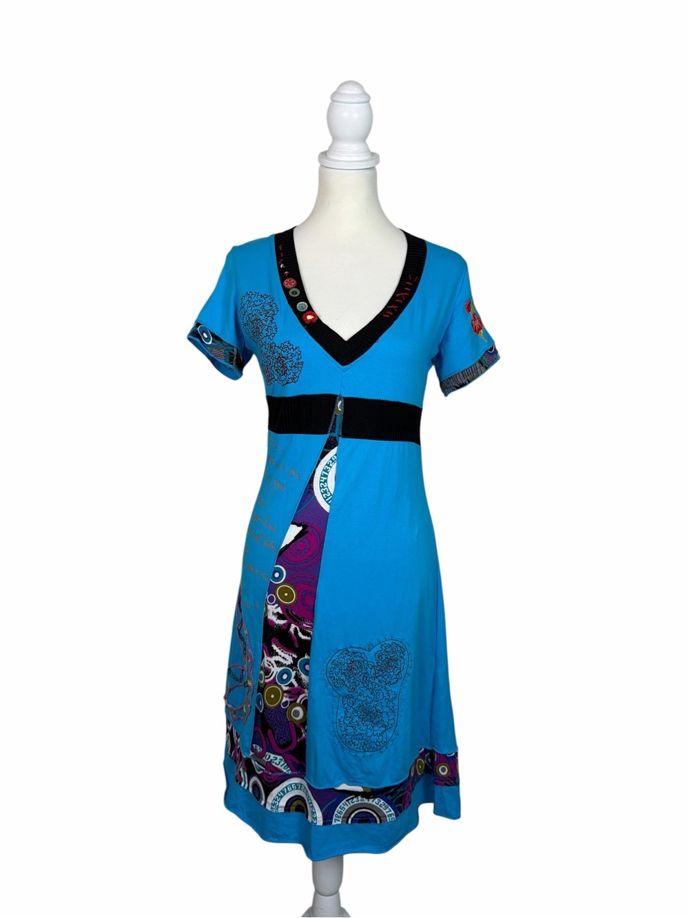 Forla Paris Designer Dress Medium Blue Embroidered V-Neck Knit Stretch